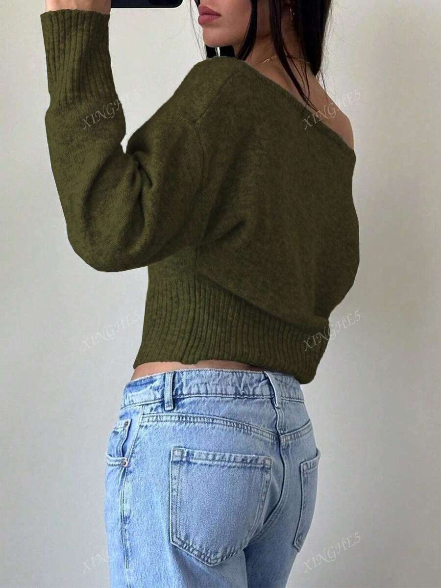 Women's Asymmetric Neck Knit Sweater – Elegant & Casual (Autumn/Winter)