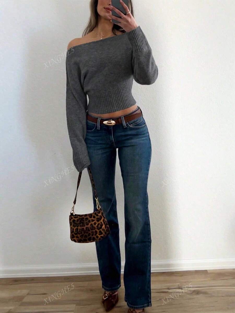 Women's Asymmetric Neck Knit Sweater – Elegant & Casual (Autumn/Winter)