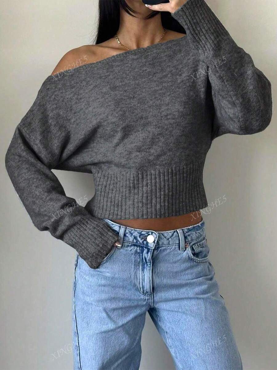 Women's Asymmetric Neck Knit Sweater – Elegant & Casual (Autumn/Winter)