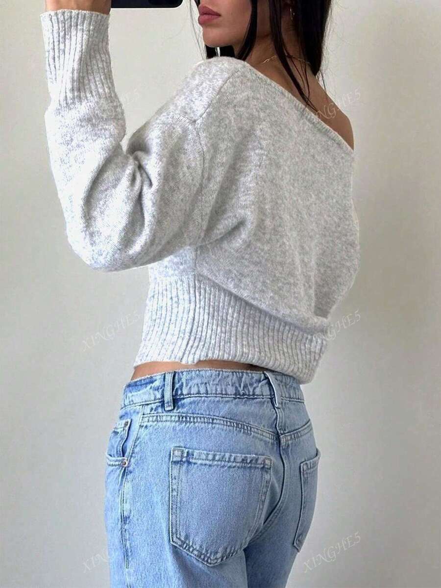 Women's Asymmetric Neck Knit Sweater – Elegant & Casual (Autumn/Winter)