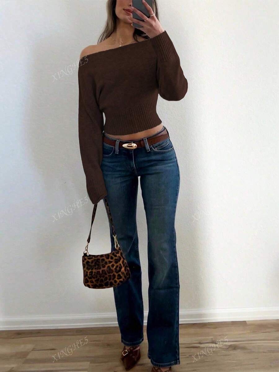 Women's Asymmetric Neck Knit Sweater – Elegant & Casual (Autumn/Winter)