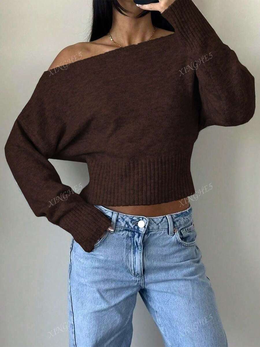 Women's Asymmetric Neck Knit Sweater – Elegant & Casual (Autumn/Winter)