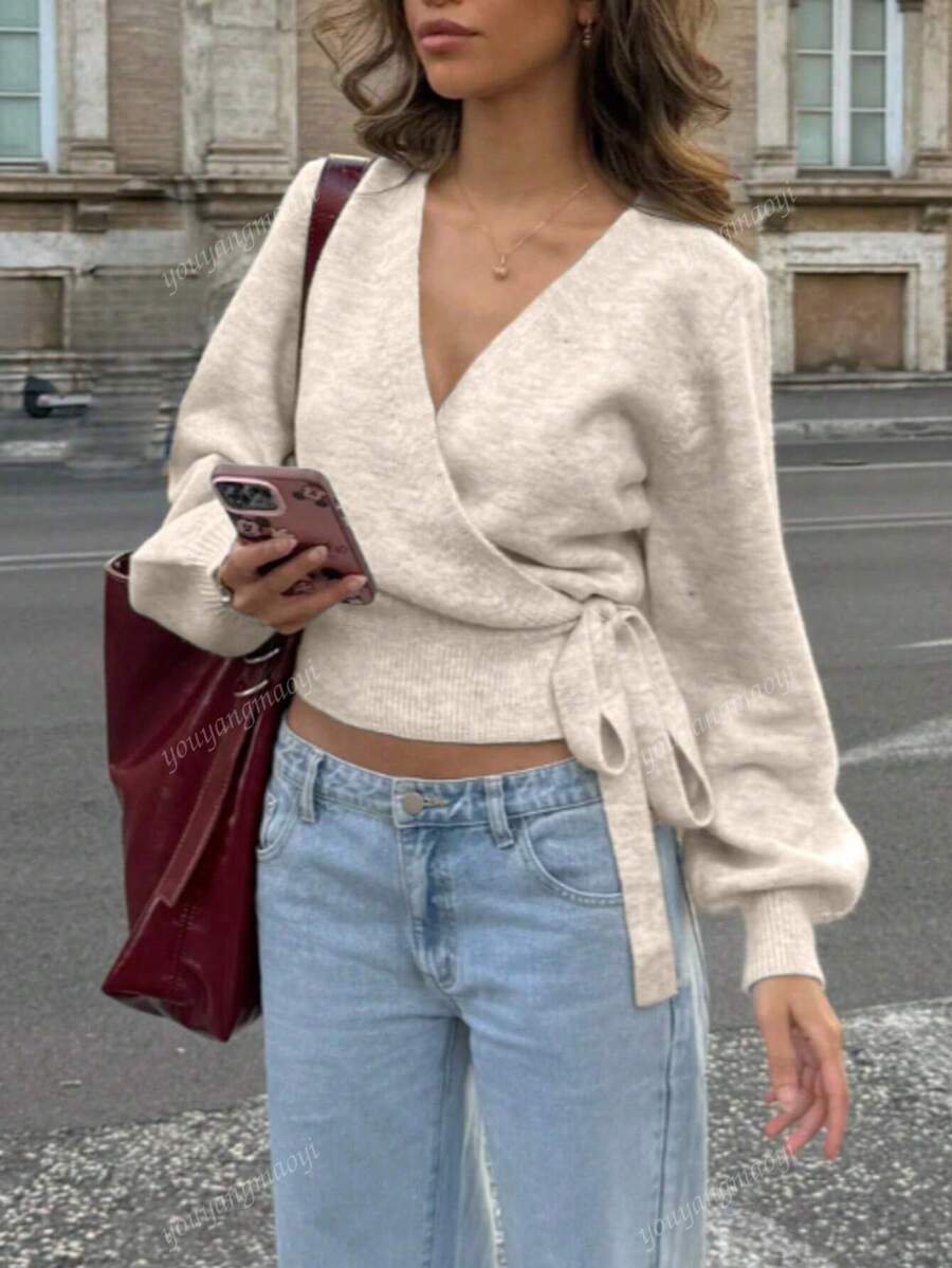 Women's Wrap Tie Knit Sweater – White (Autumn/Winter)