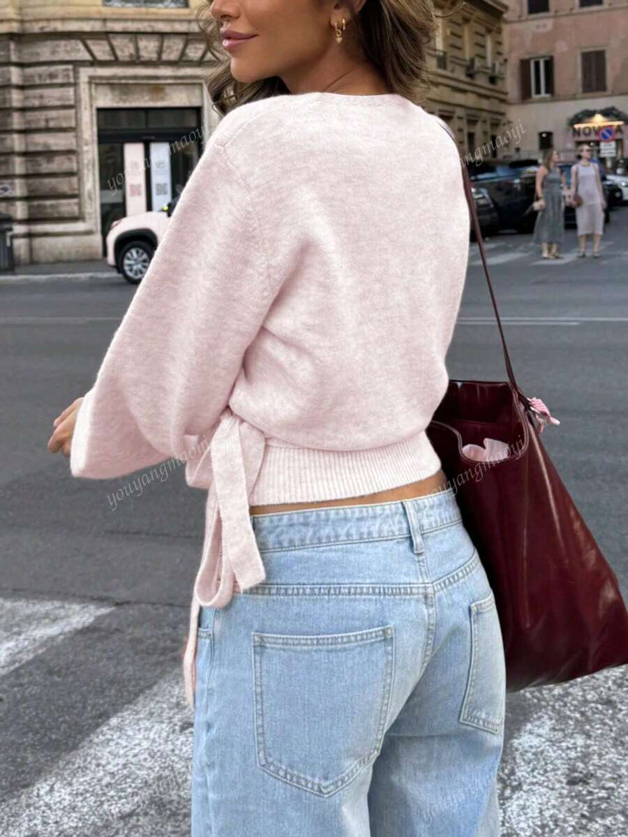 Women's Wrap Tie Knit Sweater – White (Autumn/Winter)