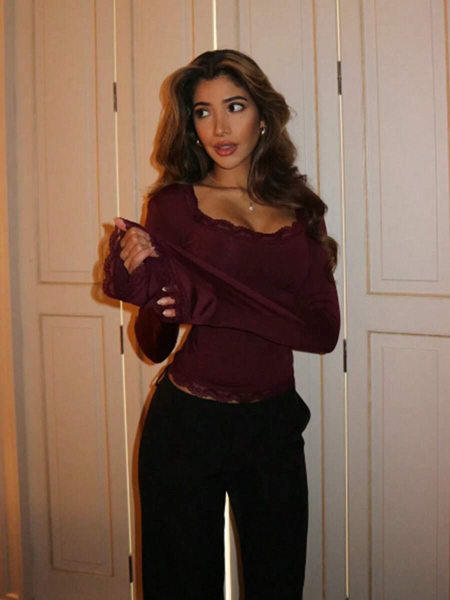 Lace-Trim Square Neck Blouse
