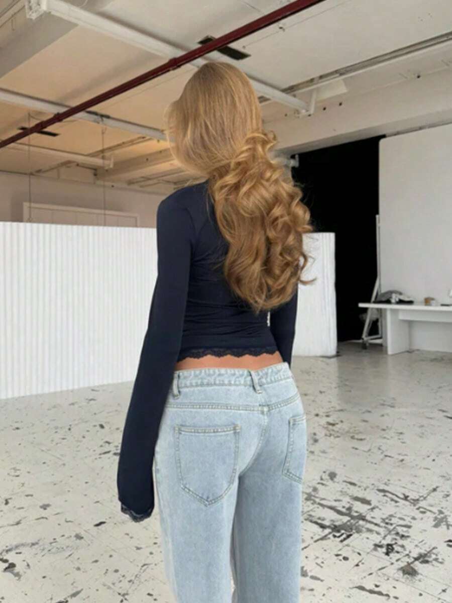 Lace-Trim Square Neck Blouse