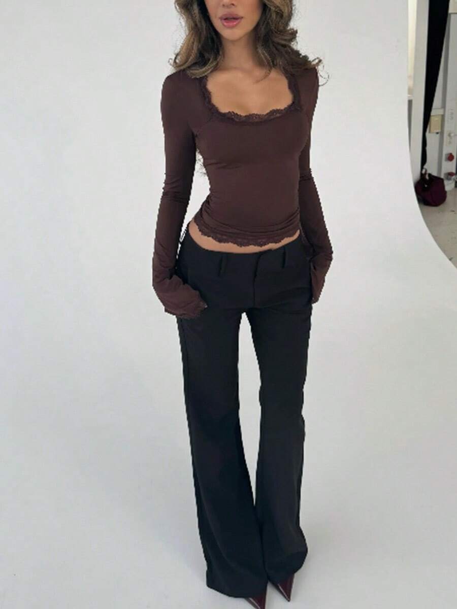 Lace-Trim Square Neck Blouse