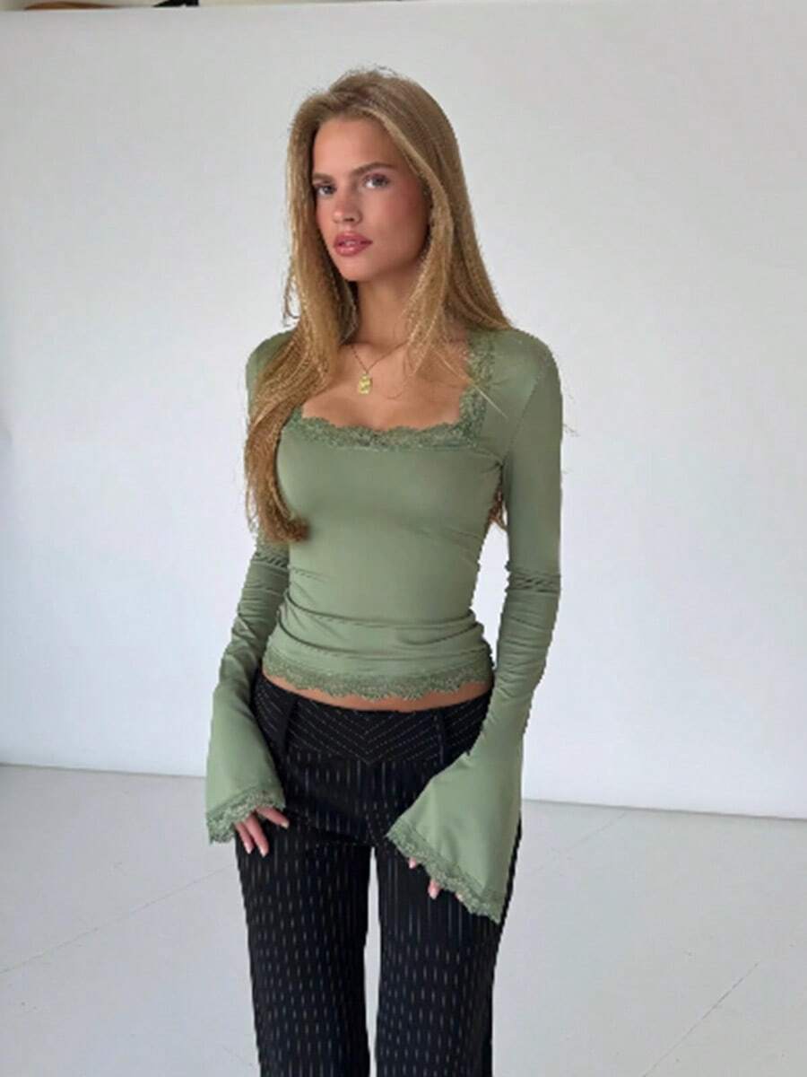 Lace-Trim Square Neck Blouse