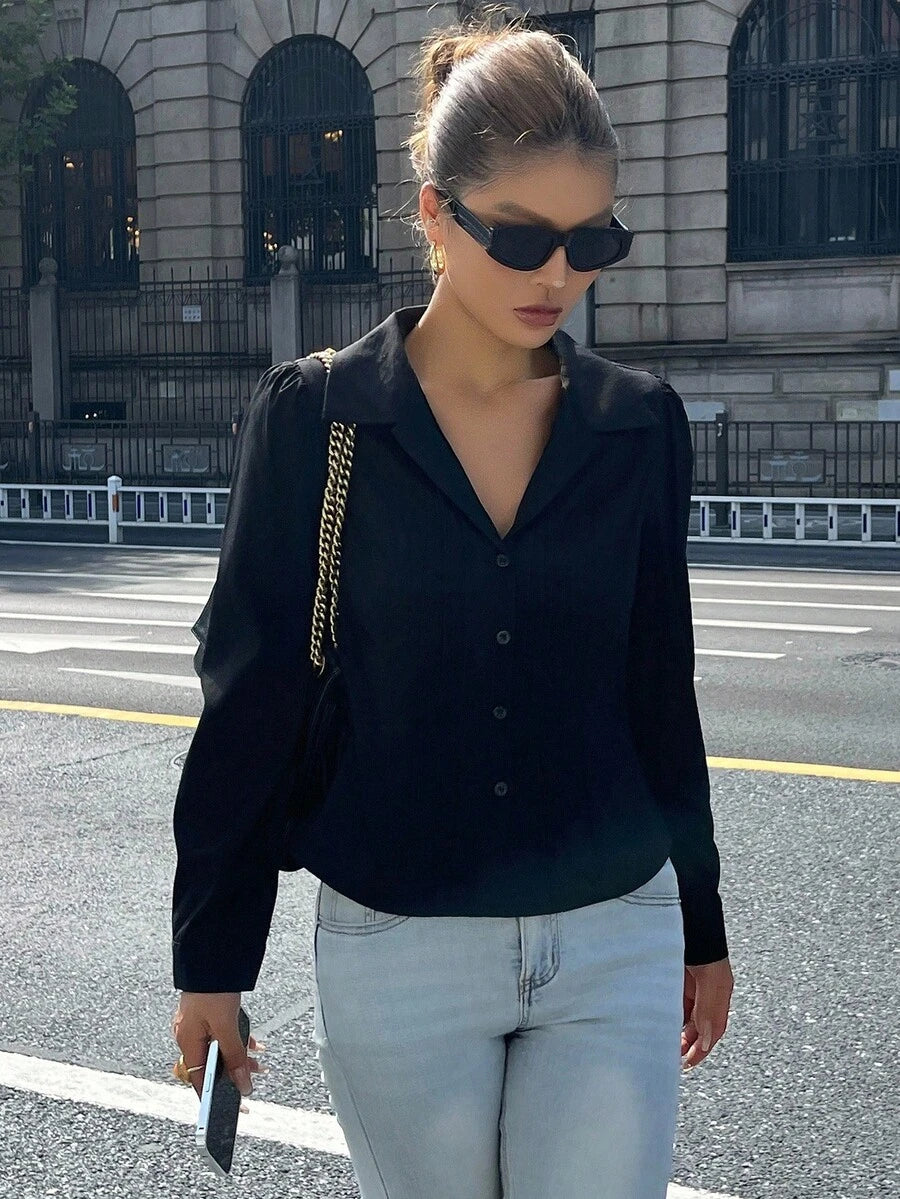 Women's Slim-Fit Collared Blouse – Short Sleeve, Solid Color