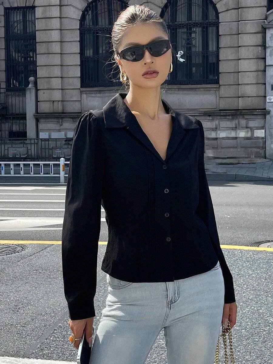 Women's Slim-Fit Collared Blouse – Short Sleeve, Solid Color