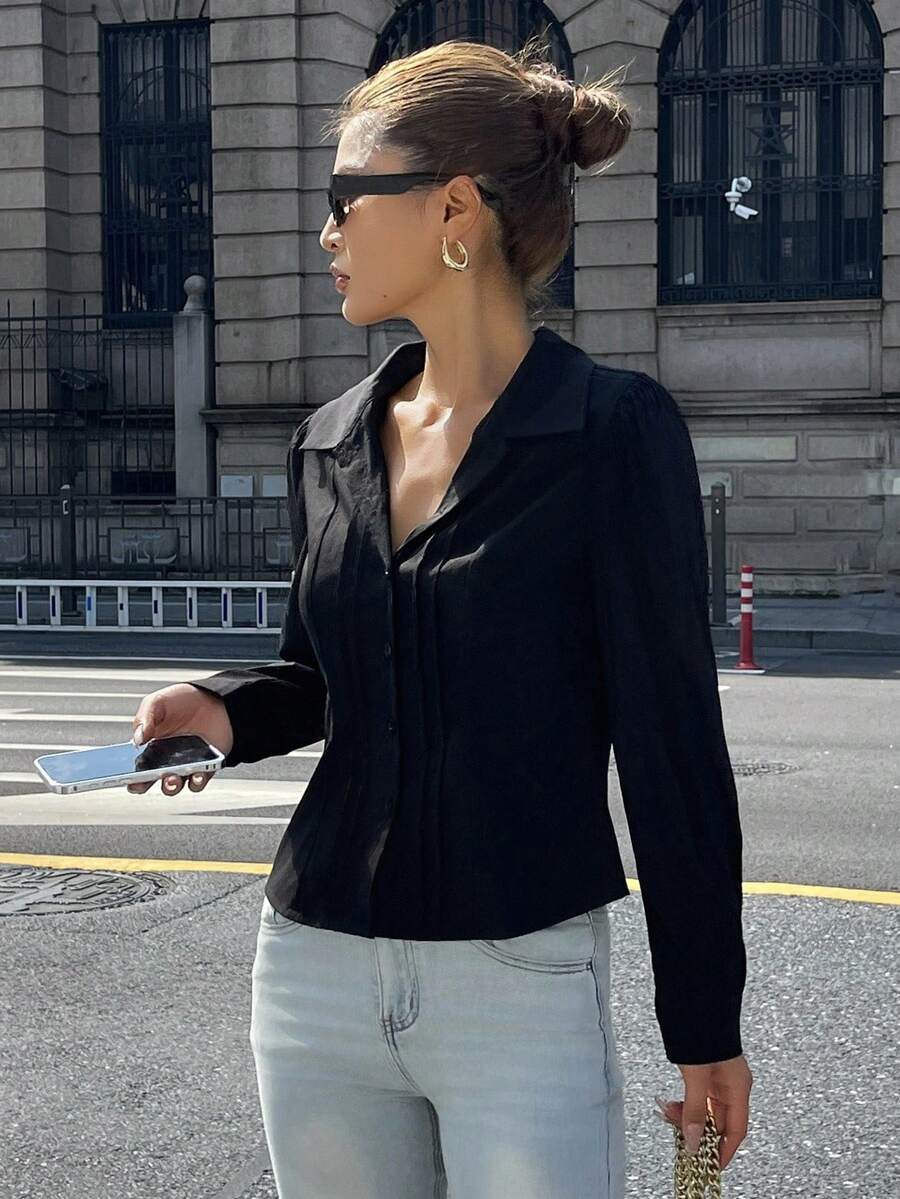 Women's Slim-Fit Collared Blouse – Short Sleeve, Solid Color