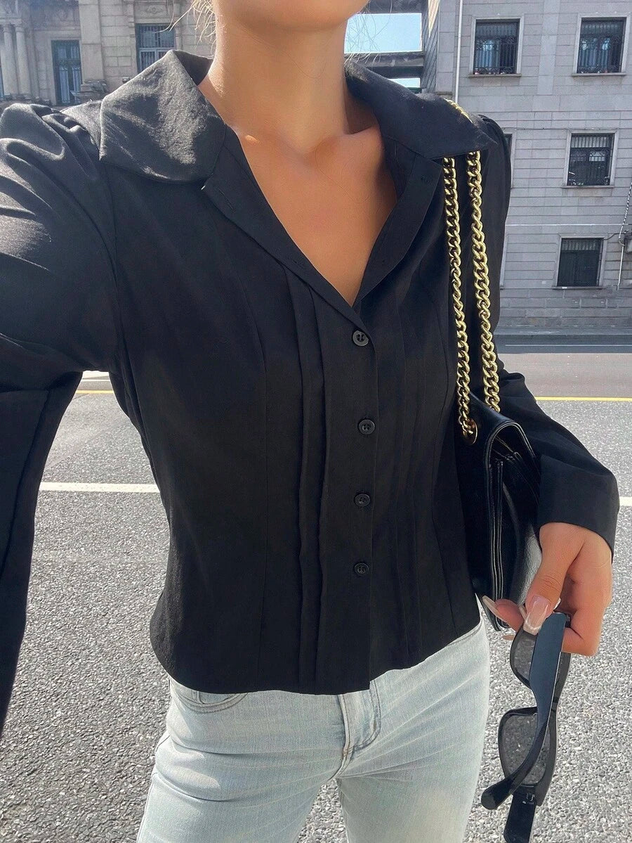 Women's Slim-Fit Collared Blouse – Short Sleeve, Solid Color