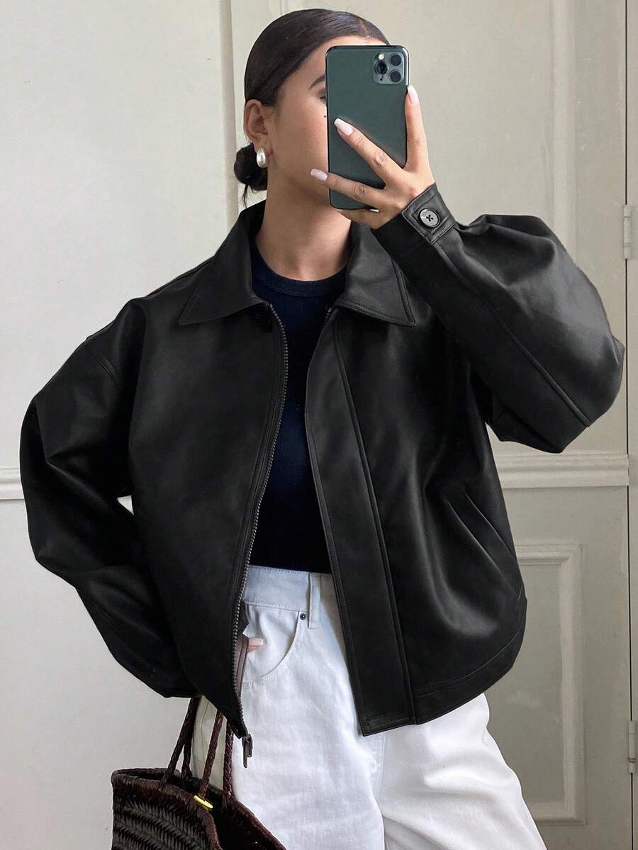 **Women’s Loose Casual Thick PU Jacket**