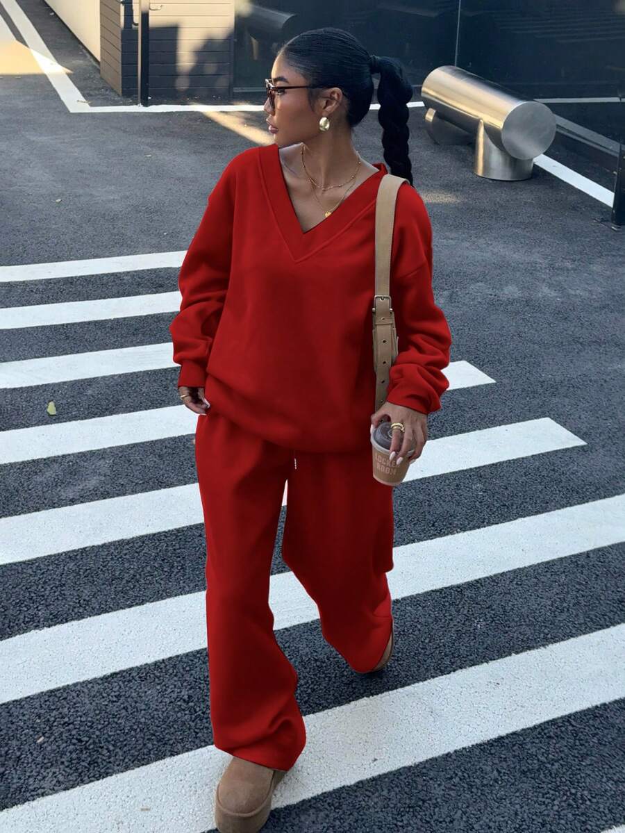 Women's 2-Piece Oversized Fleece Sweatshirt & Sweatpants Set – Navy (Autumn/Winter)