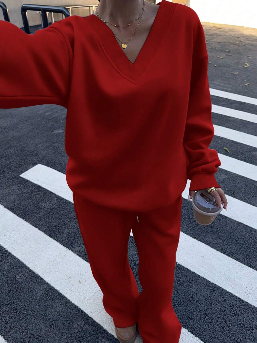 Women's 2-Piece Oversized Fleece Sweatshirt & Sweatpants Set – Navy (Autumn/Winter)