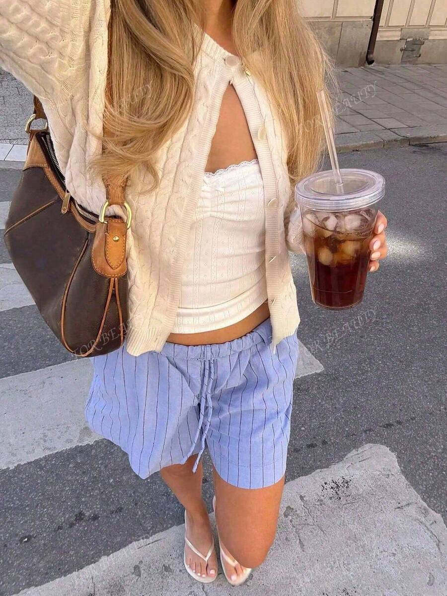 Women's White Round Neck Button-Up Knit Cardigan – Simple & Chic (Autumn/Winter)