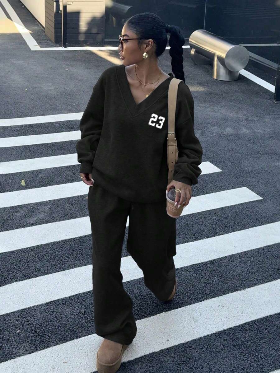 Women's 2-Piece Oversized Fleece Sweatshirt & Sweatpants Set – Navy (Autumn/Winter)