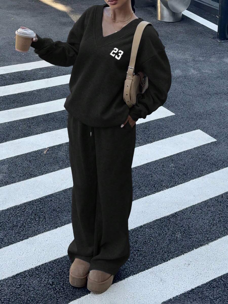 Women's 2-Piece Oversized Fleece Sweatshirt & Sweatpants Set – Navy (Autumn/Winter)