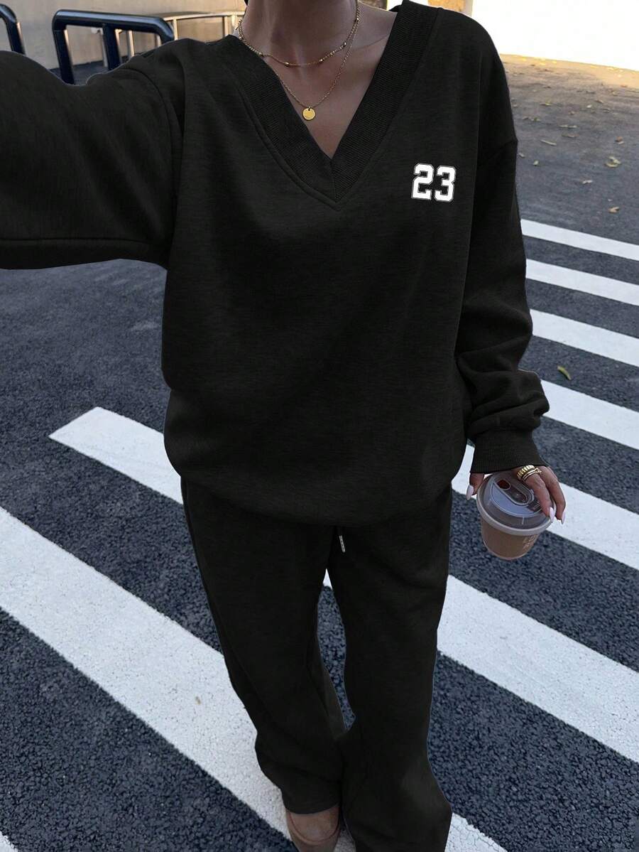 Women's 2-Piece Oversized Fleece Sweatshirt & Sweatpants Set – Navy (Autumn/Winter)