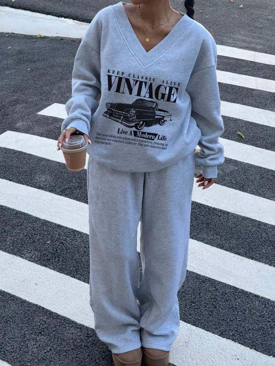 Women's 2-Piece Oversized Fleece Sweatshirt & Sweatpants Set – Navy (Autumn/Winter)
