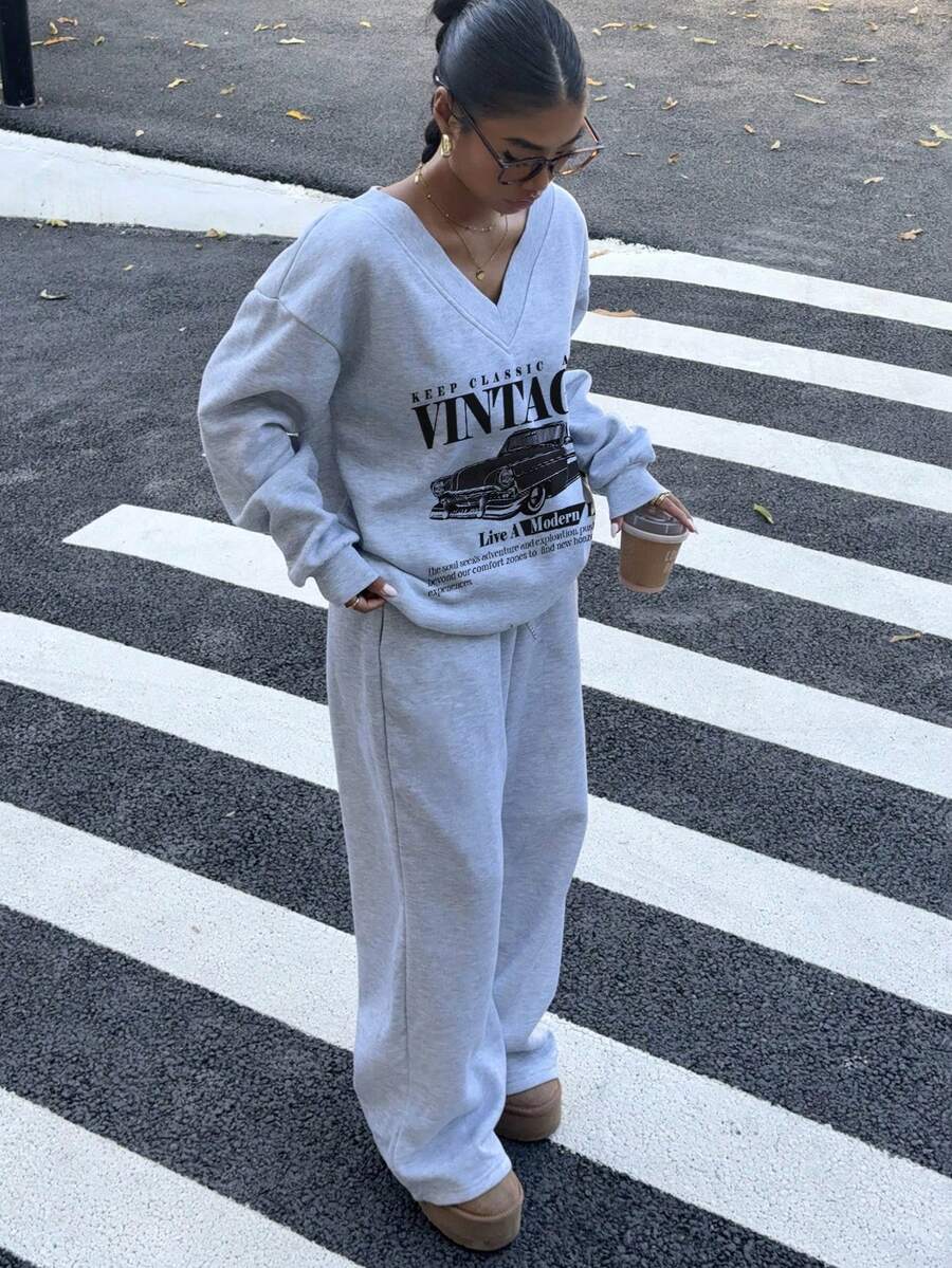 Women's 2-Piece Oversized Fleece Sweatshirt & Sweatpants Set – Navy (Autumn/Winter)