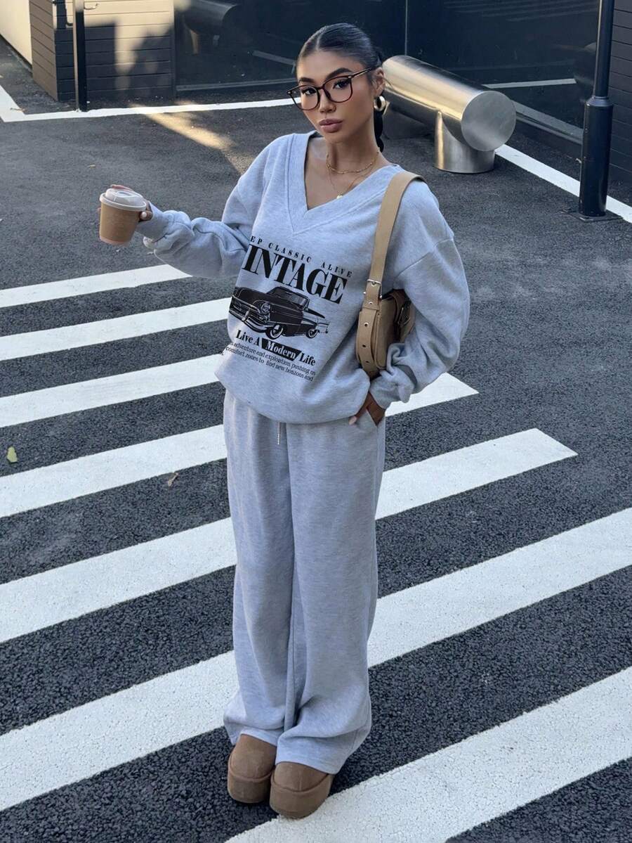Women's 2-Piece Oversized Fleece Sweatshirt & Sweatpants Set – Navy (Autumn/Winter)