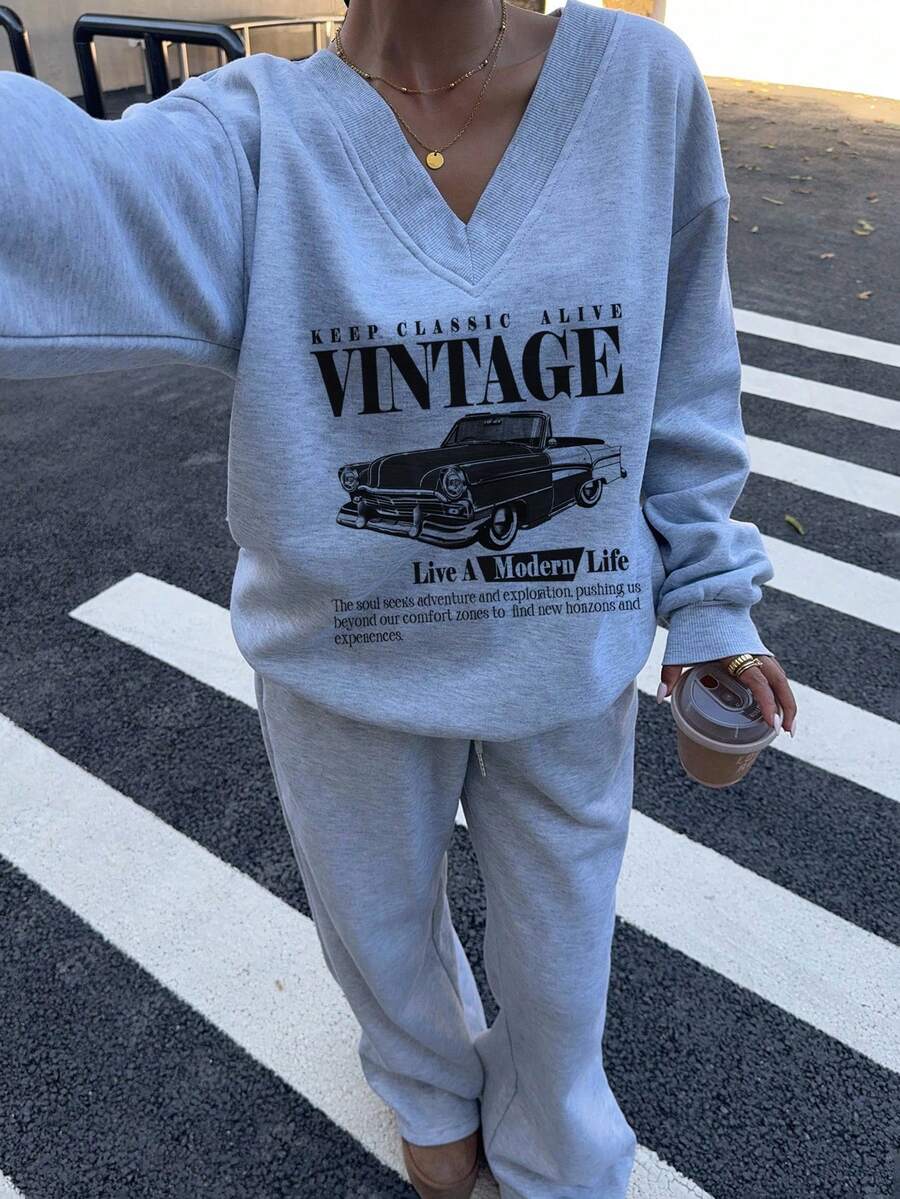 Women's 2-Piece Oversized Fleece Sweatshirt & Sweatpants Set – Navy (Autumn/Winter)