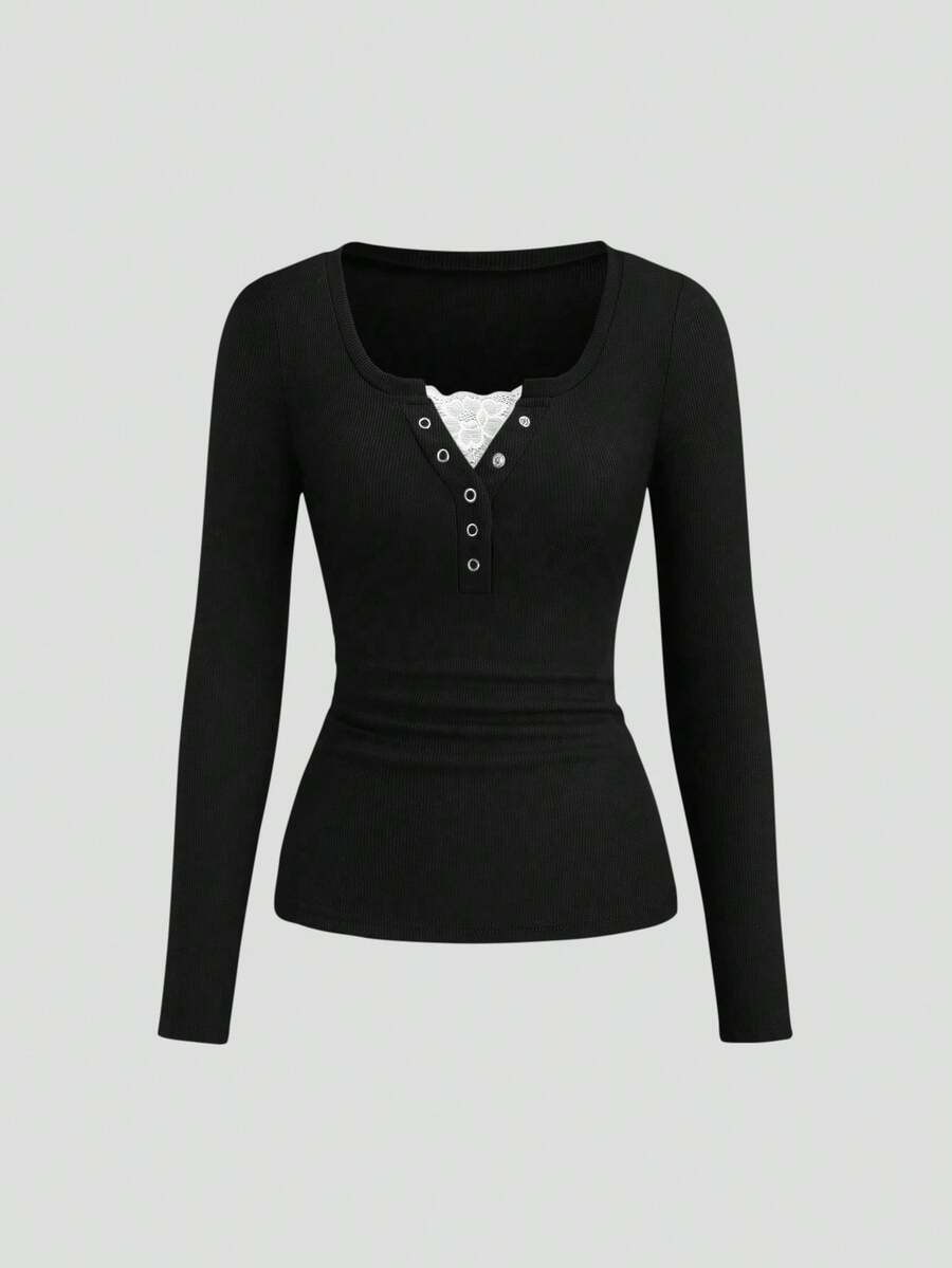 **Women’s Lace-Trim Mock Neck Long Sleeve Top**