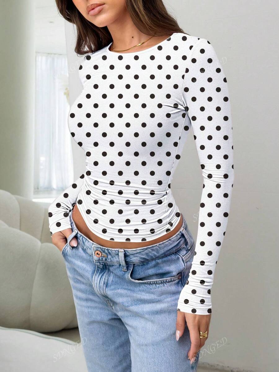 Women's Ruched Slim-Fit Long Sleeve T-Shirt – Plain Crew Neck (All Seasons)