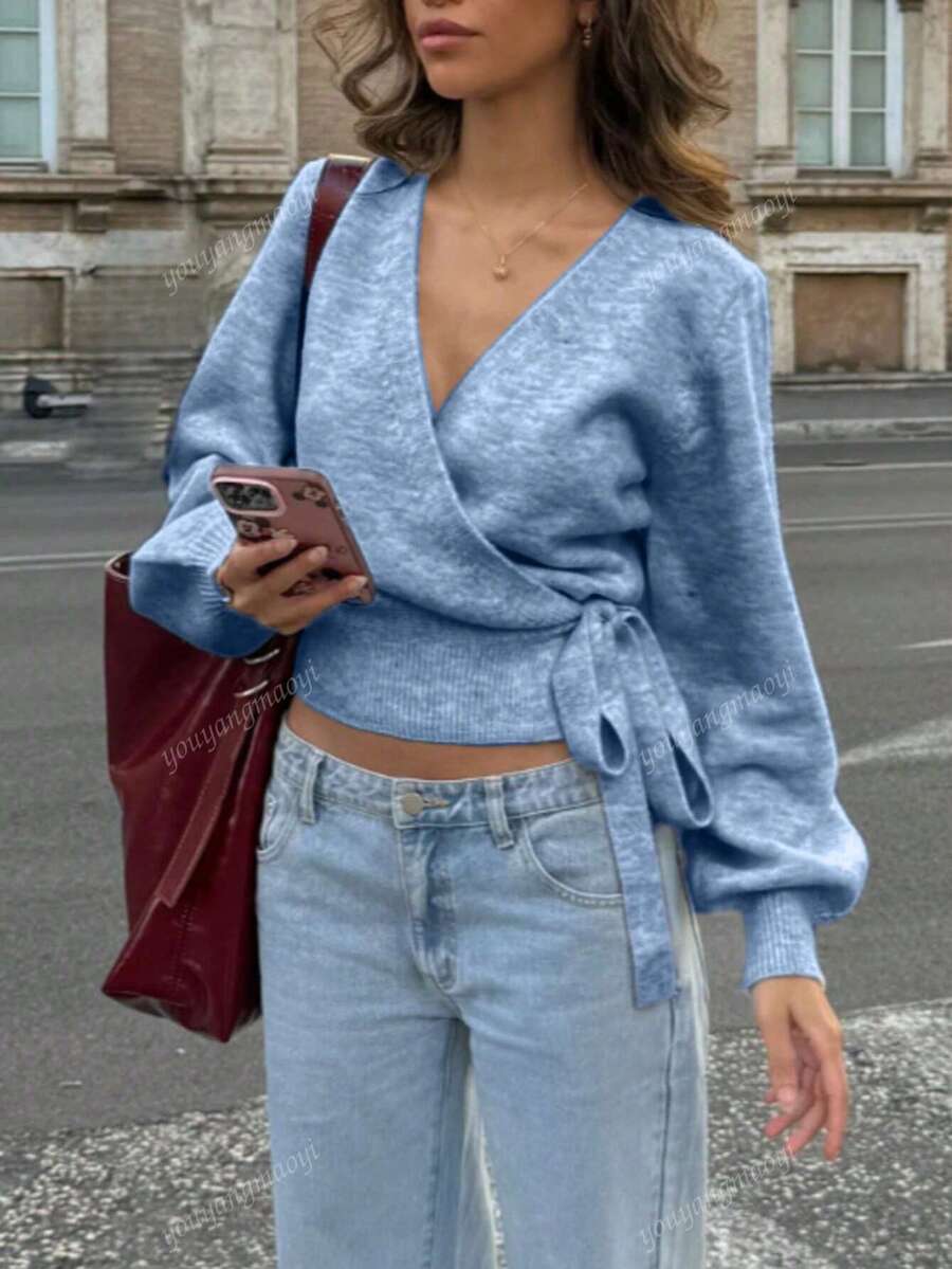 Women's Wrap Tie Knit Sweater – White (Autumn/Winter)