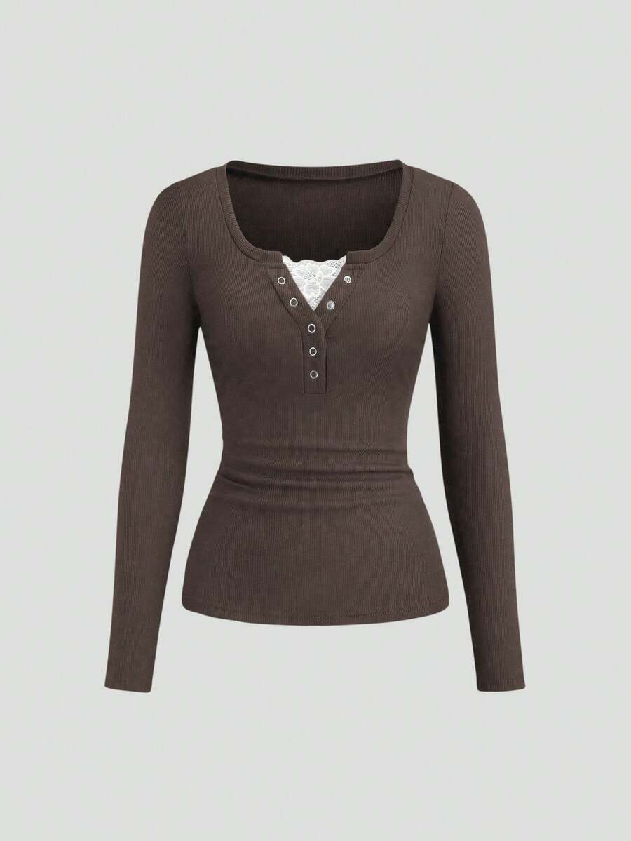 **Women’s Lace-Trim Mock Neck Long Sleeve Top**