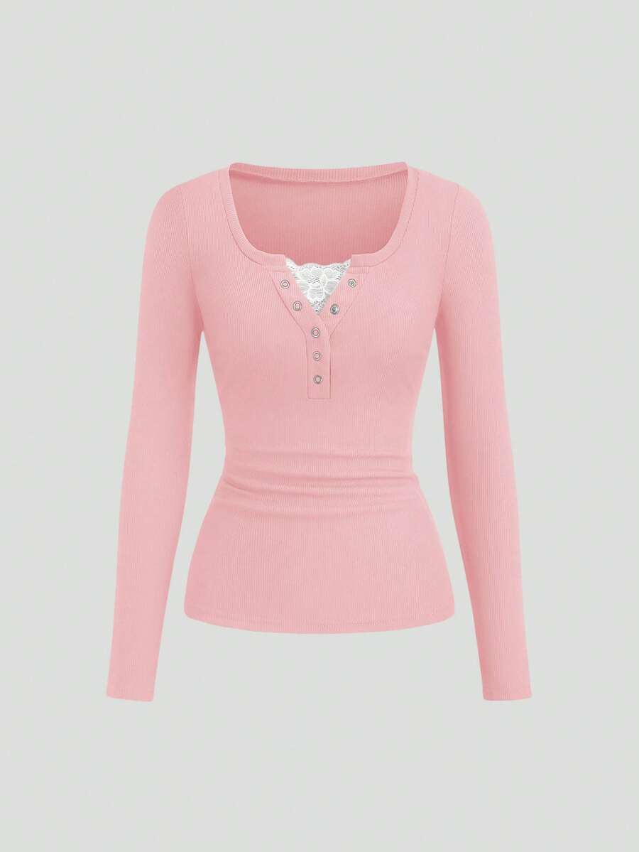 **Women’s Lace-Trim Mock Neck Long Sleeve Top**