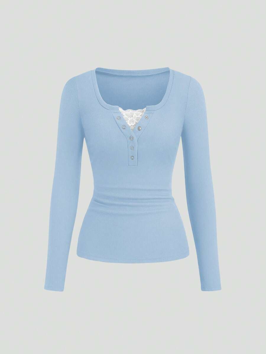 **Women’s Lace-Trim Mock Neck Long Sleeve Top**