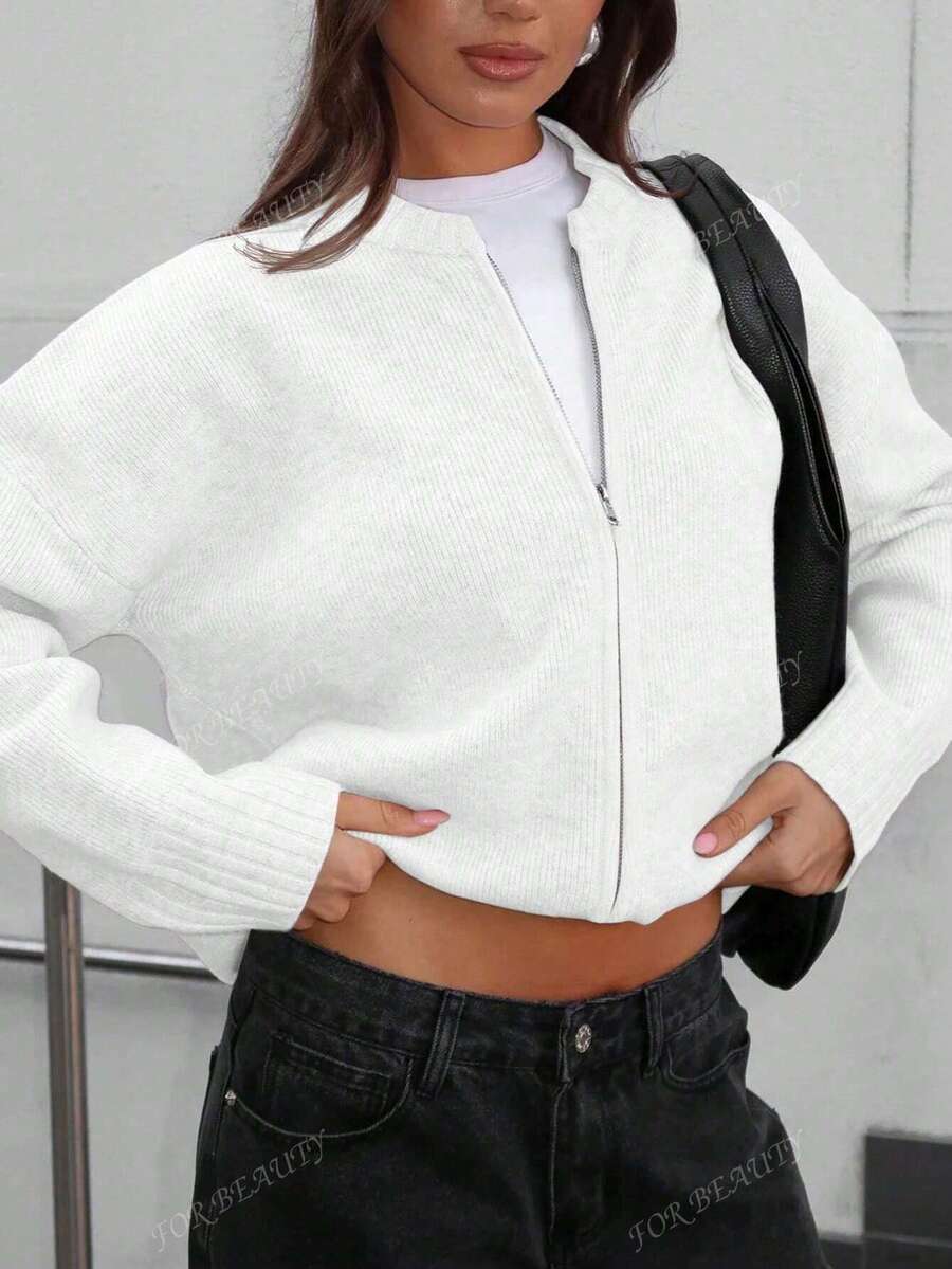 Women's Round Neck Zip-Up Knit Cardigan – Solid Color (Autumn/Winter)