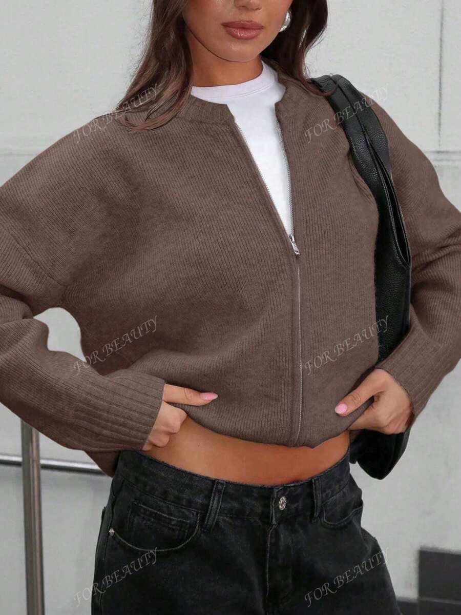 Women's Round Neck Zip-Up Knit Cardigan – Solid Color (Autumn/Winter)