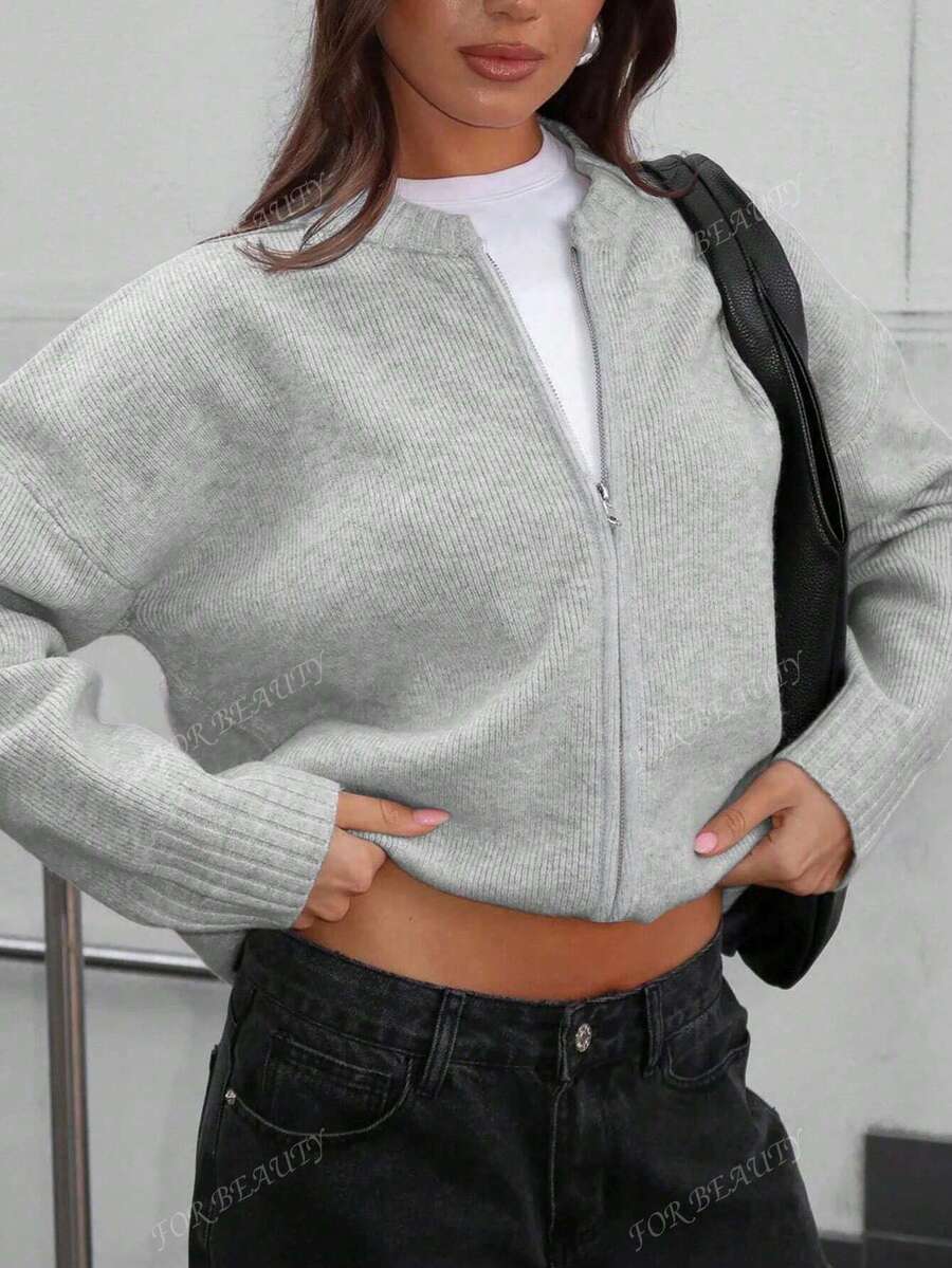 Women's Round Neck Zip-Up Knit Cardigan – Solid Color (Autumn/Winter)