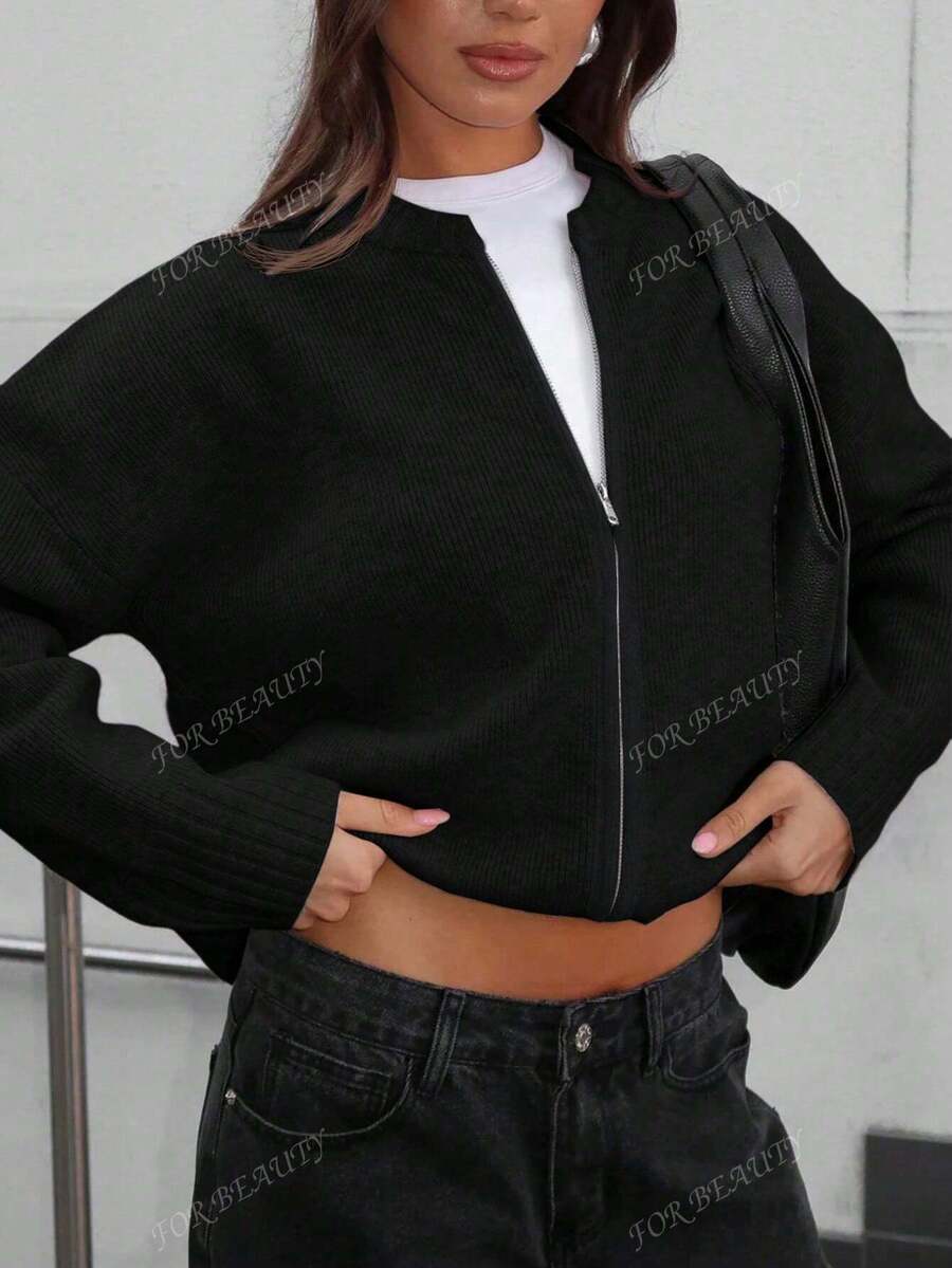 Women's Round Neck Zip-Up Knit Cardigan – Solid Color (Autumn/Winter)