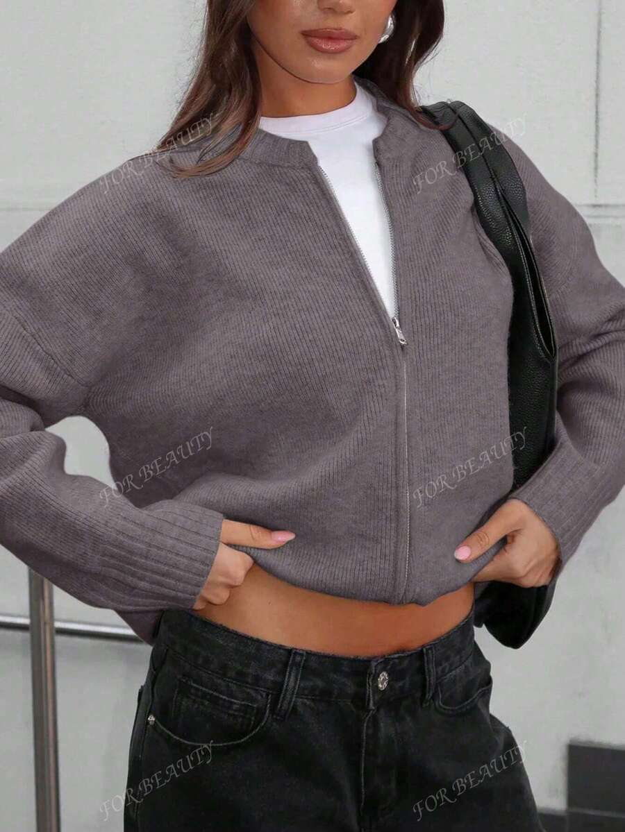 Women's Round Neck Zip-Up Knit Cardigan – Solid Color (Autumn/Winter)