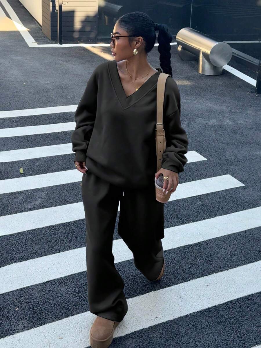 Women's 2-Piece Oversized Fleece Sweatshirt & Sweatpants Set – Navy (Autumn/Winter)