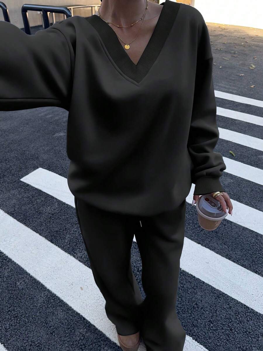 Women's 2-Piece Oversized Fleece Sweatshirt & Sweatpants Set – Navy (Autumn/Winter)