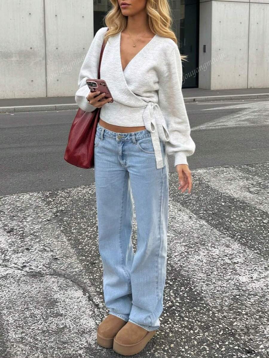 Women's Wrap Tie Knit Sweater – White (Autumn/Winter)