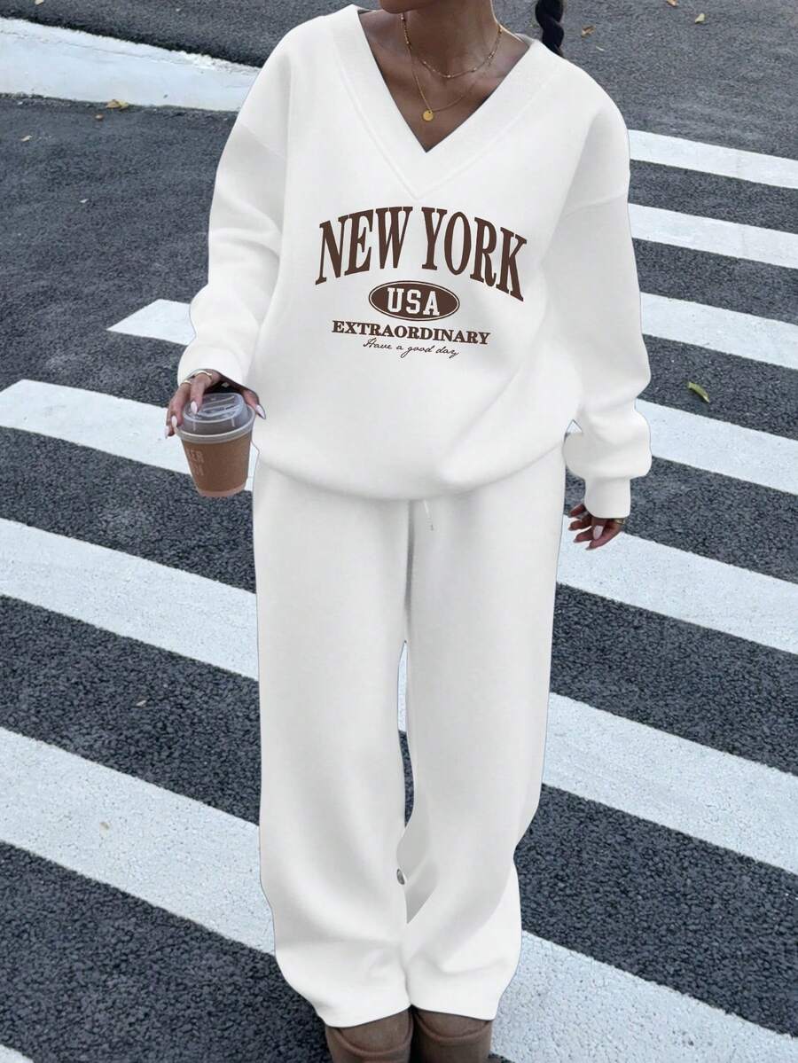 Women's 2-Piece Oversized Fleece Sweatshirt & Sweatpants Set – Navy (Autumn/Winter)