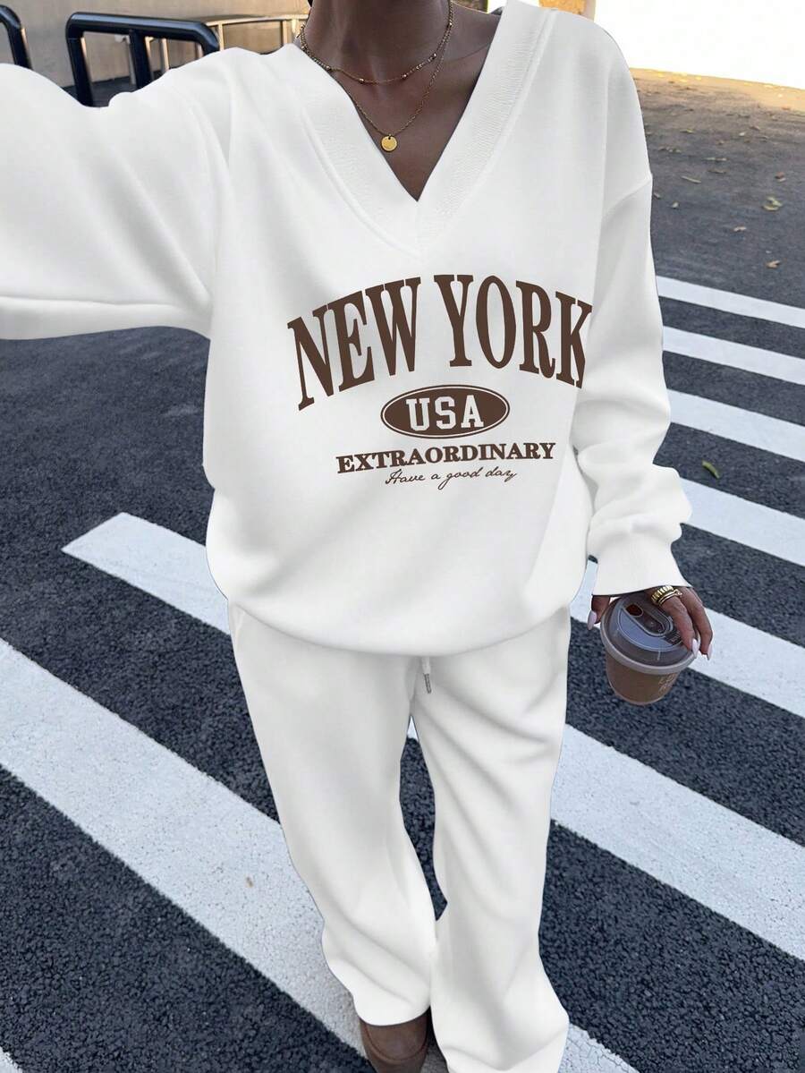 Women's 2-Piece Oversized Fleece Sweatshirt & Sweatpants Set – Navy (Autumn/Winter)