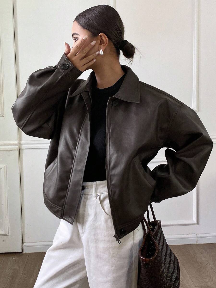 **Women’s Loose Casual Thick PU Jacket**