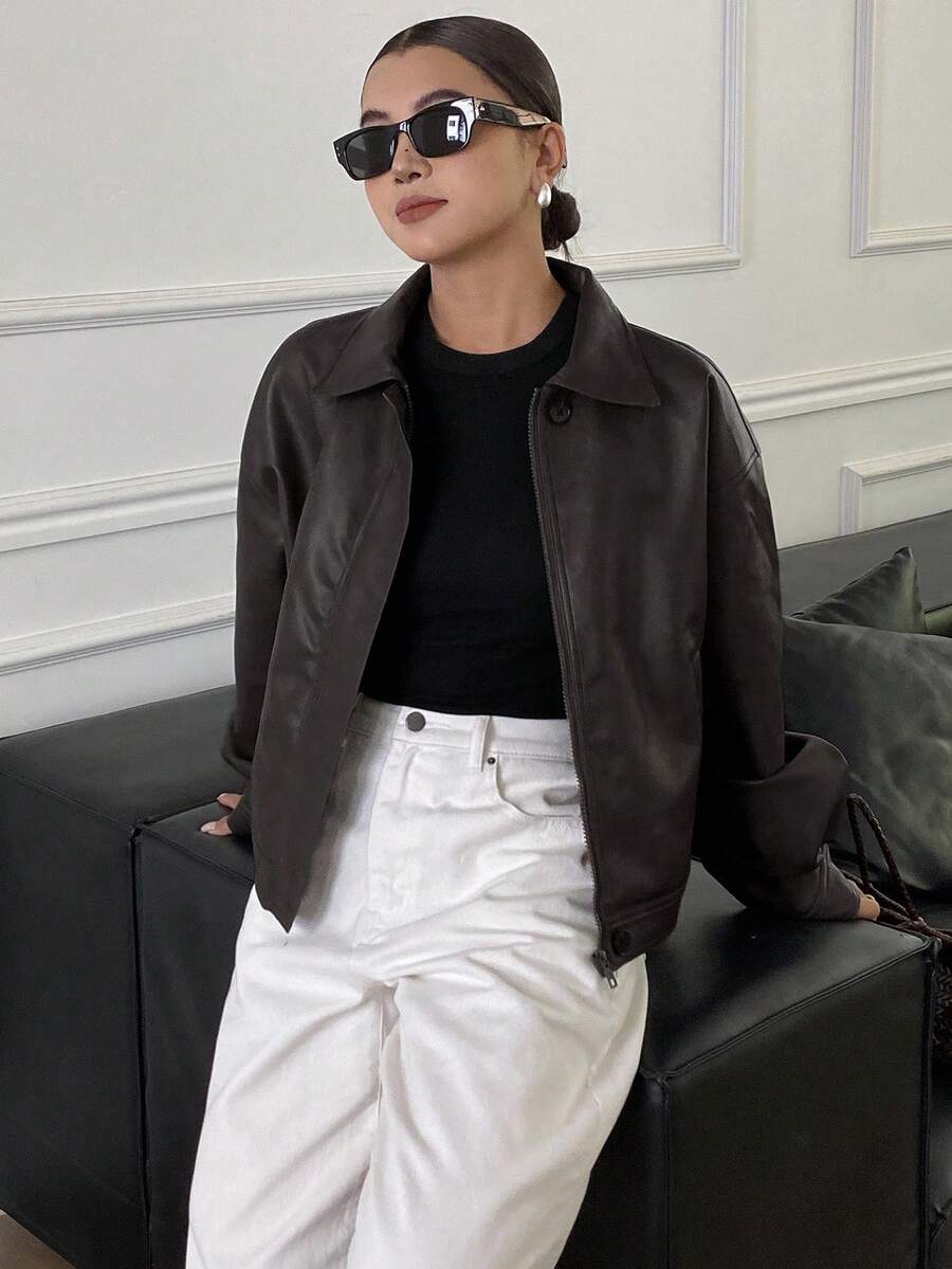 **Women’s Loose Casual Thick PU Jacket**