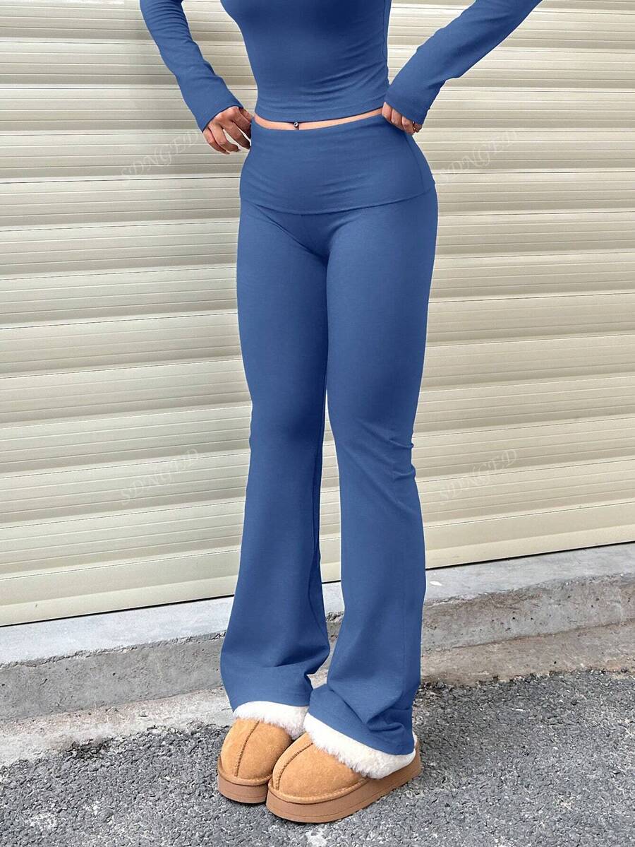 Women's High-Waist Flare Pants – Ruched Fold-Over Waist, Solid Color