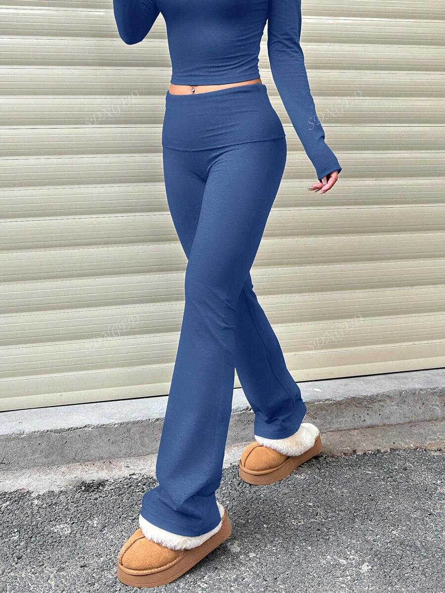 Women's High-Waist Flare Pants – Ruched Fold-Over Waist, Solid Color