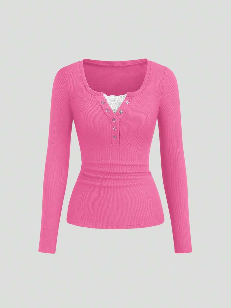 **Women’s Lace-Trim Mock Neck Long Sleeve Top**