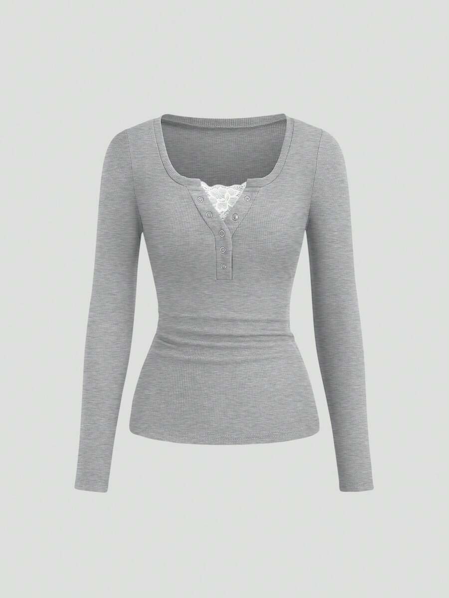 **Women’s Lace-Trim Mock Neck Long Sleeve Top**