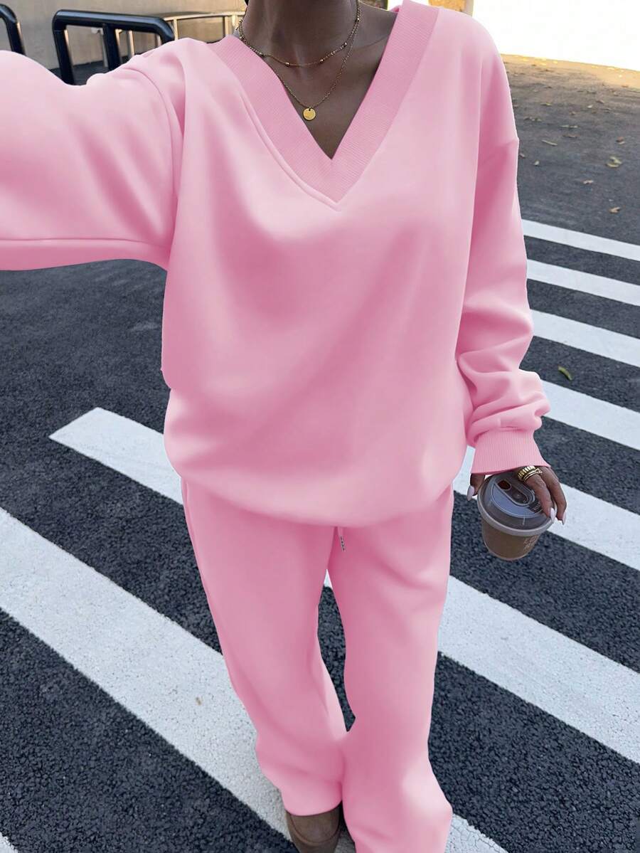 Women's 2-Piece Oversized Fleece Sweatshirt & Sweatpants Set – Navy (Autumn/Winter)